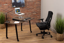 Load image into Gallery viewer, ergonomic mobile desk in plank coffee oak, black finish

