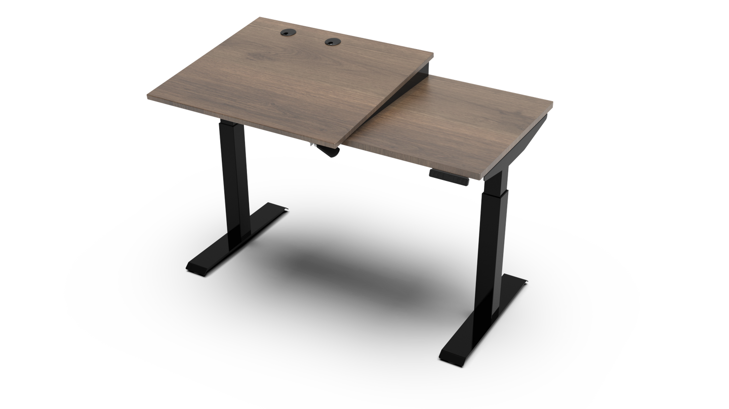 wood adjustable desk, sit-to-stand base model in plank coffee oak with black finish