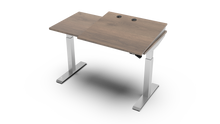 Load image into Gallery viewer, wood adjustable desk, sit-to-stand base model in plank coffee oak with silver finish
